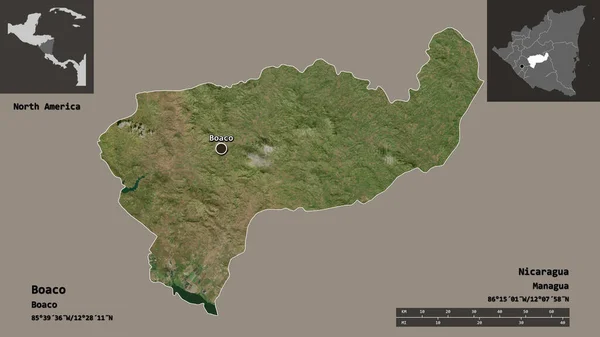 ボアコの形 ニカラグアの部門 その首都 距離スケール プレビューおよびラベル 衛星画像 3Dレンダリング — ストック写真