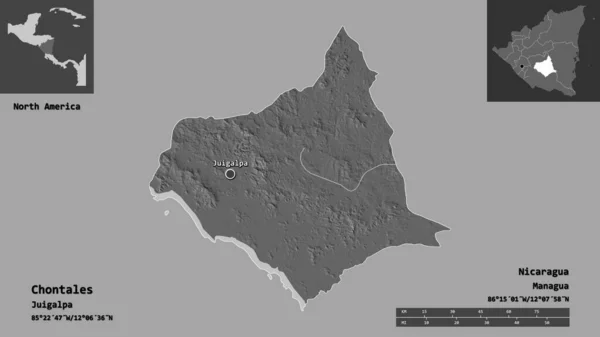 尼加拉瓜省及其首都Chontales的形状 距离刻度 预览和标签 Bilevel高程图 3D渲染 — 图库照片