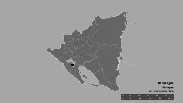 以首都 主要区域分部和分离的孔塔勒地区为首都的尼加拉瓜的绝望面貌 Bilevel高程图 3D渲染 — 图库照片
