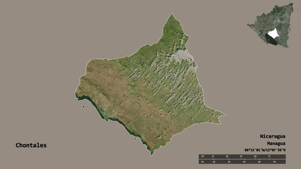 尼加拉瓜省Chontales形状 首都背景坚实 与世隔绝 距离尺度 区域预览和标签 卫星图像 3D渲染 — 图库照片
