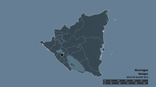 主要な地域部門と分離されたエステリ地域とニカラグアの荒廃した形 ラベル 色の標高マップ 3Dレンダリング — ストック写真