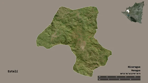 尼加拉瓜省埃斯特利的形状 其首都在坚实的背景下与世隔绝 距离尺度 区域预览和标签 卫星图像 3D渲染 — 图库照片