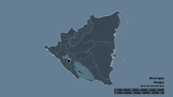 主要な地域部門と分離したジノテガ地域とニカラグアの荒廃した形 ラベル 色の標高マップ 3Dレンダリング — ストック写真