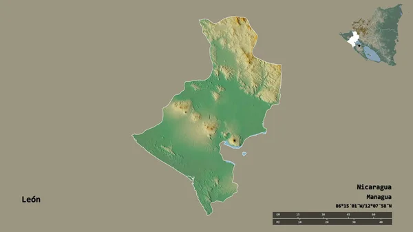 尼加拉瓜省莱昂的形状 首都孤立在坚实的背景下 距离尺度 区域预览和标签 地形浮雕图 3D渲染 — 图库照片