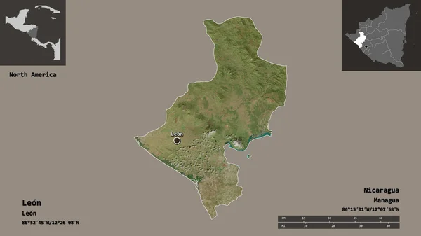 尼加拉瓜省里昂的形状及其首都 距离刻度 预览和标签 卫星图像 3D渲染 — 图库照片