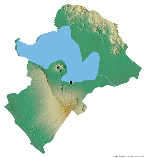 尼加拉瓜省马那瓜的形状 首都被白色背景隔离 地形浮雕图 3D渲染 — 图库照片