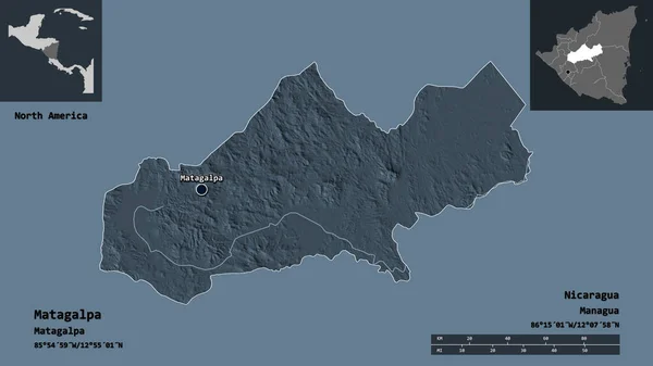 マタガルパの形 ニカラグアの部門 その首都 距離スケール プレビューおよびラベル 色の標高マップ 3Dレンダリング — ストック写真
