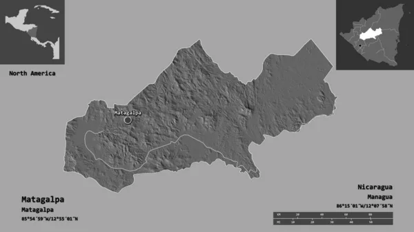 尼加拉瓜省Matagalpa的形状及其首都 距离刻度 预览和标签 Bilevel高程图 3D渲染 — 图库照片