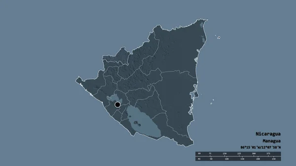 以首都 主要区域分部和分隔的新塞戈维亚地区为首都的尼加拉瓜的荒凉面貌 彩色高程图 3D渲染 — 图库照片