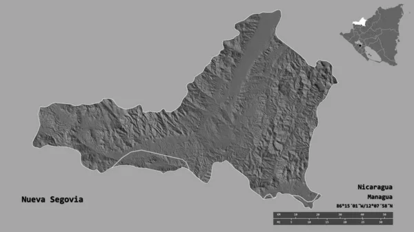 尼加拉瓜省新塞戈维亚的形状 其首都在坚实的背景下与世隔绝 距离尺度 区域预览和标签 Bilevel高程图 3D渲染 — 图库照片