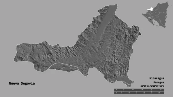 ヌエバ セゴビアの形 ニカラグアの部門 その首都はしっかりとした背景に隔離されています 距離スケール リージョンプレビュー およびラベル 標高マップ 3Dレンダリング — ストック写真