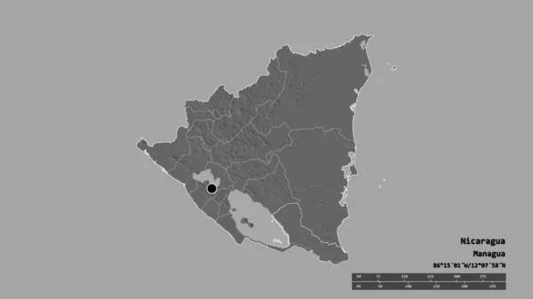 尼加拉瓜以首都 主要区域分部和分离的圣胡安河地区为首都的绝望状态 Bilevel高程图 3D渲染 — 图库照片