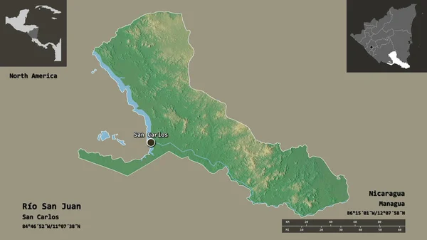 尼加拉瓜省圣胡安河的形状及其首都 距离刻度 预览和标签 地形浮雕图 3D渲染 — 图库照片