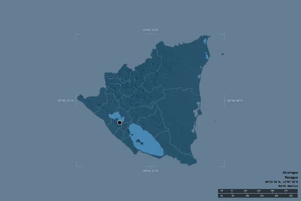 ニカラグアの地域は 洗練された境界の箱の中の強固な背景に隔離されました 主な地域部門 距離スケール ラベル 色の標高マップ 3Dレンダリング — ストック写真