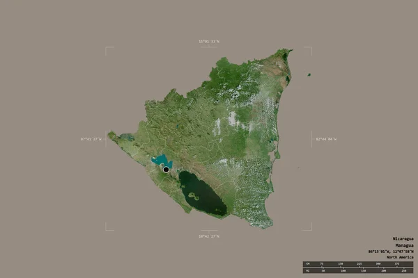 尼加拉瓜的一个区域被隔离在一个地理参照框的坚实背景中 主要区域分部 距离标度 卫星图像 3D渲染 — 图库照片