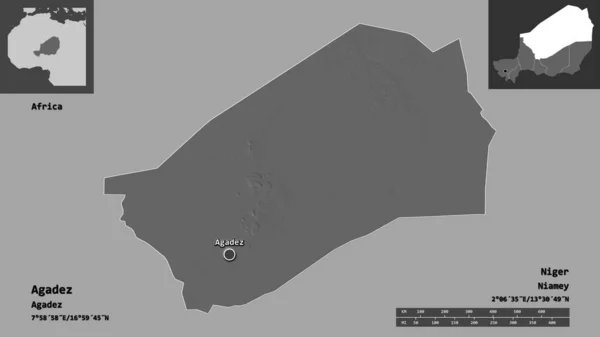尼日尔省阿加德兹及其首都的形状 距离刻度 预览和标签 Bilevel高程图 3D渲染 — 图库照片