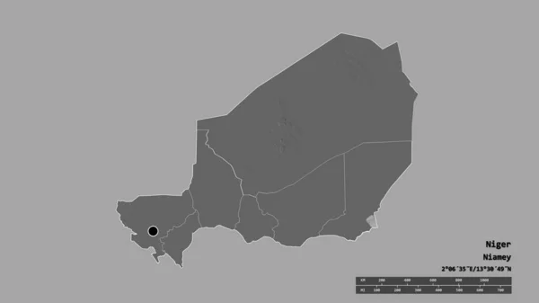 ニジェールの首都 主要地域部門 独立したアガデス地域での荒廃した形 ラベル 標高マップ 3Dレンダリング — ストック写真