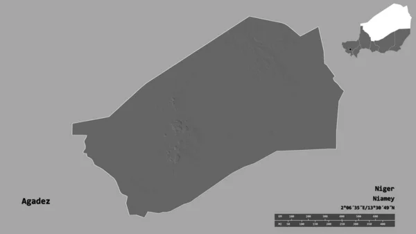 ニジェールの県であるアガデス県の形は その首都がしっかりとした背景に孤立しています 距離スケール リージョンプレビュー およびラベル 標高マップ 3Dレンダリング — ストック写真