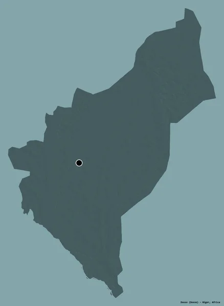 多索形状 尼日尔省 其首都隔离在一个坚实的色彩背景 彩色高程图 3D渲染 — 图库照片