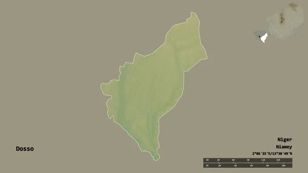 多索形状 尼日尔省 其首都孤立的坚实的背景 距离尺度 区域预览和标签 地形浮雕图 3D渲染 — 图库照片