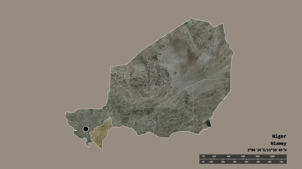 以首都 主要区域分部和分隔的多索地区为首都的尼日尔的退化形态 卫星图像 3D渲染 — 图库照片