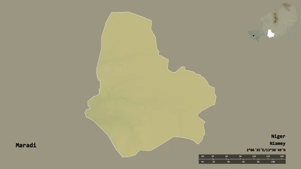 尼日尔省马拉迪的形状 其首都在坚实的背景下与世隔绝 距离尺度 区域预览和标签 地形浮雕图 3D渲染 — 图库照片