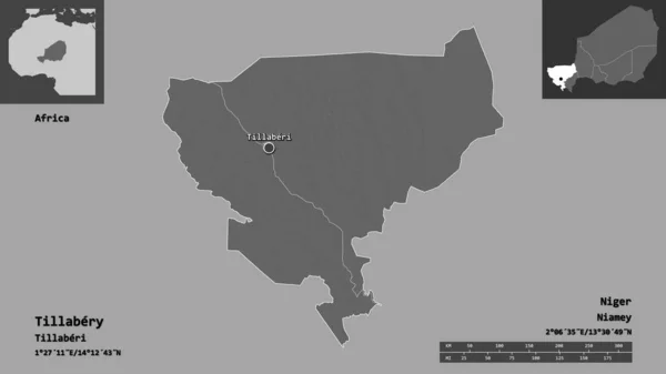 尼日尔省提拉巴里的形状及其首都 距离刻度 预览和标签 Bilevel高程图 3D渲染 — 图库照片