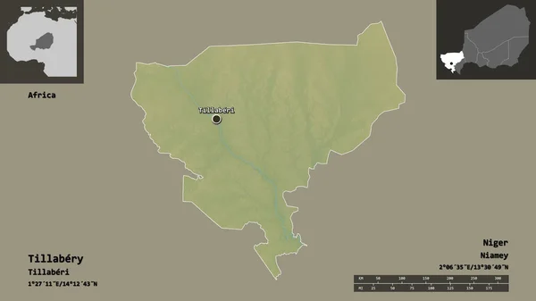 尼日尔省提拉巴里的形状及其首都 距离刻度 预览和标签 地形浮雕图 3D渲染 — 图库照片