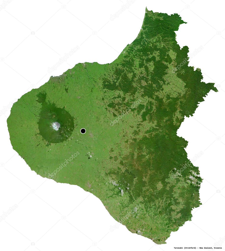 Shape of Taranaki, regional council of New Zealand, with its capital isolated on white background. Satellite imagery. 3D rendering