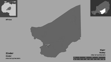 Zinder 'in şekli, Nijer Bölümü ve başkenti. Uzaklık ölçeği, ön gösterimler ve etiketler. Çift seviyeli yükseklik haritası. 3B görüntüleme