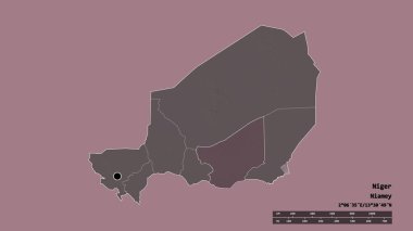 Başkenti, ana bölgesel bölünmesi ve ayrılmış Zinder bölgesiyle Nijer 'in dejenere edilmiş şekli. Etiketler. Renkli yükseklik haritası. 3B görüntüleme