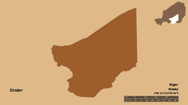 Zinder 'in şekli, Nijer Bölümü, sermayesi sağlam arka planda izole edilmiş. Uzaklık ölçeği, bölge önizlemesi ve etiketleri. Düzenli desenli dokuların bileşimi. 3B görüntüleme