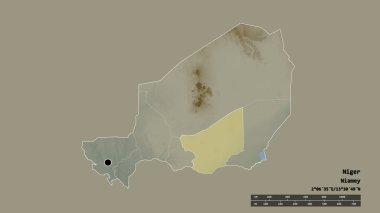 Başkenti, ana bölgesel bölünmesi ve ayrılmış Zinder bölgesiyle Nijer 'in dejenere edilmiş şekli. Etiketler. Topografik yardım haritası. 3B görüntüleme