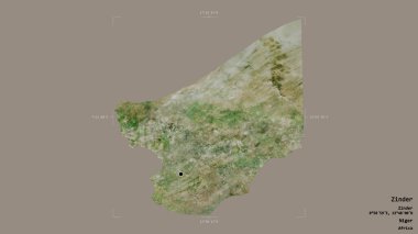 Zinder bölgesi, Nijer departmanı, sağlam bir arka planda izole edilmiş bir sınır kutusunda. Etiketler. Uydu görüntüleri. 3B görüntüleme