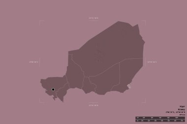 Nijer bölgesi katı bir arka planda jeoreferatlı bir sınır kutusunda izole edilmiş. Ana bölgesel bölüm, mesafe ölçeği, etiketler. Renkli yükseklik haritası. 3B görüntüleme