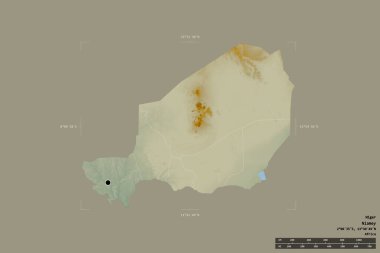 Nijer bölgesi katı bir arka planda jeoreferatlı bir sınır kutusunda izole edilmiş. Ana bölgesel bölüm, mesafe ölçeği, etiketler. Topografik yardım haritası. 3B görüntüleme