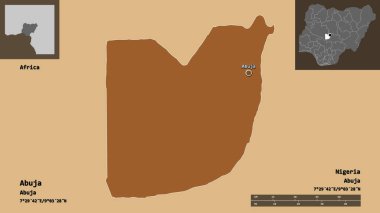 Abuja 'nın şekli, Nijerya' nın federal başkenti ve başkenti. Uzaklık ölçeği, ön gösterimler ve etiketler. Düzenli desenli dokuların bileşimi. 3B görüntüleme