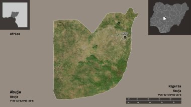 Abuja 'nın şekli, Nijerya' nın federal başkenti ve başkenti. Uzaklık ölçeği, ön gösterimler ve etiketler. Uydu görüntüleri. 3B görüntüleme