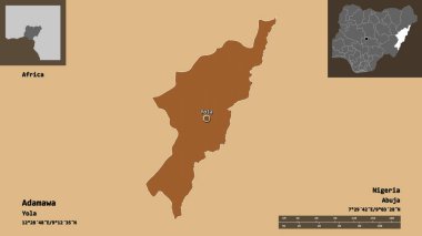 Adamawa 'nın şekli, Nijerya eyaleti ve başkenti. Uzaklık ölçeği, ön gösterimler ve etiketler. Düzenli desenli dokuların bileşimi. 3B görüntüleme