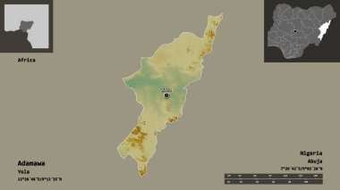 Adamawa 'nın şekli, Nijerya eyaleti ve başkenti. Uzaklık ölçeği, ön gösterimler ve etiketler. Topografik yardım haritası. 3B görüntüleme