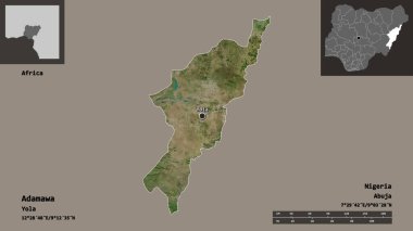Adamawa 'nın şekli, Nijerya eyaleti ve başkenti. Uzaklık ölçeği, ön gösterimler ve etiketler. Uydu görüntüleri. 3B görüntüleme