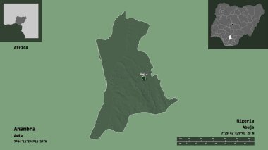 Anambra 'nın şekli, Nijerya eyaleti ve başkenti. Uzaklık ölçeği, ön gösterimler ve etiketler. Renkli yükseklik haritası. 3B görüntüleme
