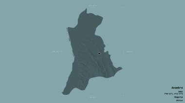 Anambra bölgesi, Nijerya eyaleti, jeoreferatlı bir sınır kutusunda katı bir arka planda izole edilmiş. Etiketler. Renkli yükseklik haritası. 3B görüntüleme