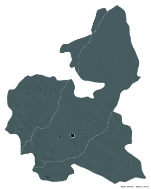 Bauchi 'nin şekli, Nijerya eyaleti, başkenti beyaz arka planda izole edilmiş. Renkli yükseklik haritası. 3B görüntüleme