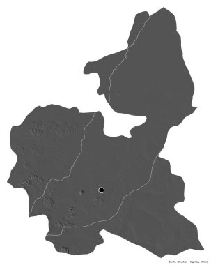 Bauchi 'nin şekli, Nijerya eyaleti, başkenti beyaz arka planda izole edilmiş. Çift seviyeli yükseklik haritası. 3B görüntüleme