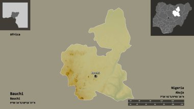 Bauchi 'nin şekli, Nijerya eyaleti ve başkenti. Uzaklık ölçeği, ön gösterimler ve etiketler. Topografik yardım haritası. 3B görüntüleme