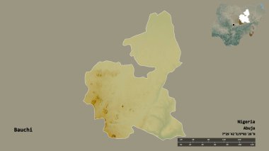 Bauchi 'nin şekli, Nijerya eyaleti, başkenti katı bir zemin üzerinde izole edilmiş. Uzaklık ölçeği, bölge önizlemesi ve etiketleri. Topografik yardım haritası. 3B görüntüleme
