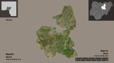 Bauchi 'nin şekli, Nijerya eyaleti ve başkenti. Uzaklık ölçeği, ön gösterimler ve etiketler. Uydu görüntüleri. 3B görüntüleme