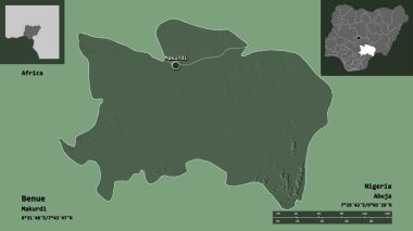 Benue 'nun şekli, Nijerya eyaleti ve başkenti. Uzaklık ölçeği, ön gösterimler ve etiketler. Renkli yükseklik haritası. 3B görüntüleme