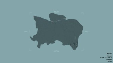 Benue bölgesi, Nijerya eyaleti, katı bir arka planda izole edilmiş bir sınır kutusunda. Etiketler. Renkli yükseklik haritası. 3B görüntüleme